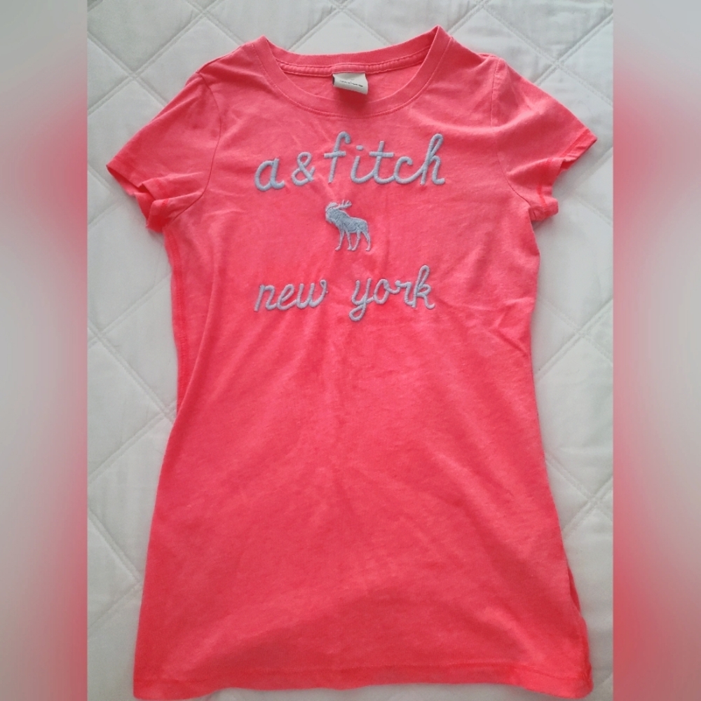 Abercrombie Kid's Girl's T Shirt, Size L, Coral with blue embroidered letters